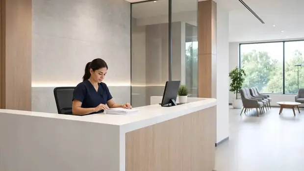 A coordinator working at a clinic reception desk